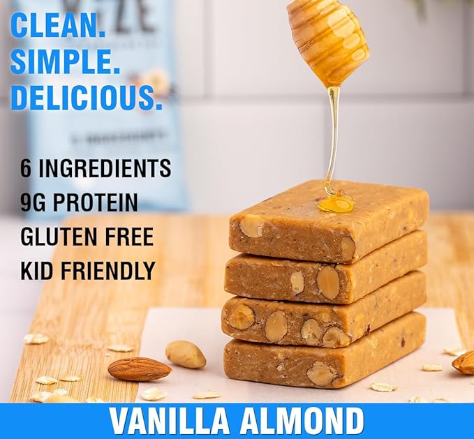 KiZE Energy Bars - Gluten Free, Dairy Free, Non-GMO, and High Protein Meal Replacement Energy Bars, Meal Bar, Clean and Simple Food Ingredients - Vanilla Almond, 9g High Protein Snacks, (30 Count)