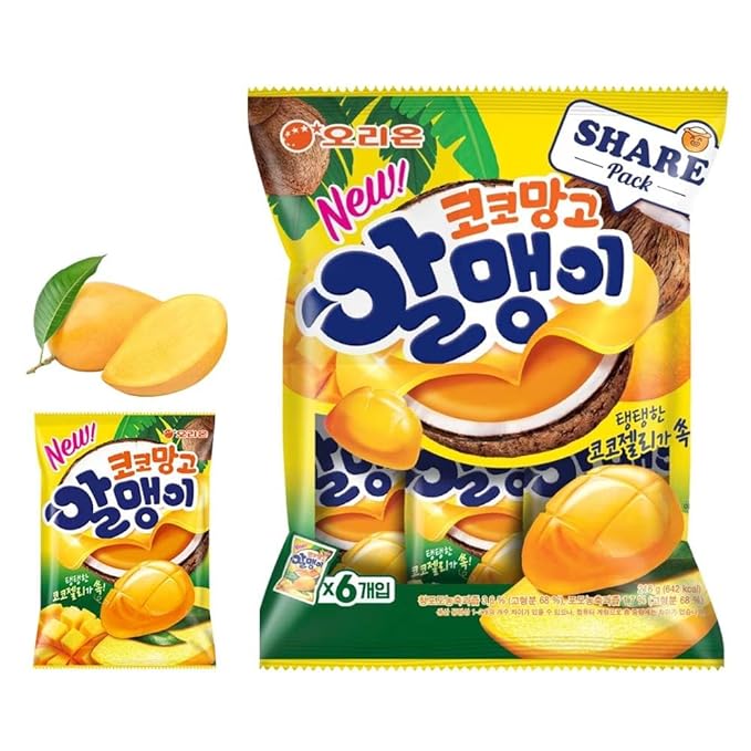 Korean Fruit Jelly Candy – Assorted Chewy Gummy Snacks – 5 Fruity Flavors (Grape, Plum, Lychee, Kiwi, Mango) – Individually Wrapped – Perfect for Kids & Adults – 알맹이젤리 (Mango–1.26oz(36g) × 6pack)