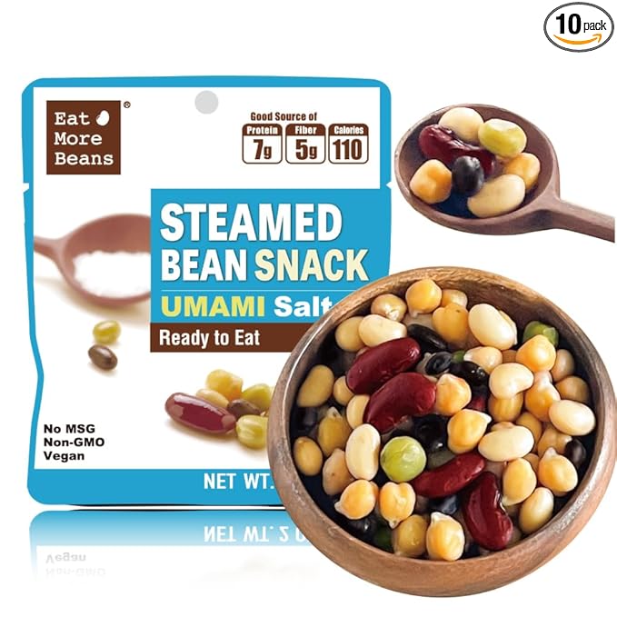【Eat More Beans】 STEAMED BEAN SNACK -UMAMI Salt USDA Certified Healthy Vegan Snacks Ready to Eat Fully Cooked- Box of 10 packs(2oz, 10packs)