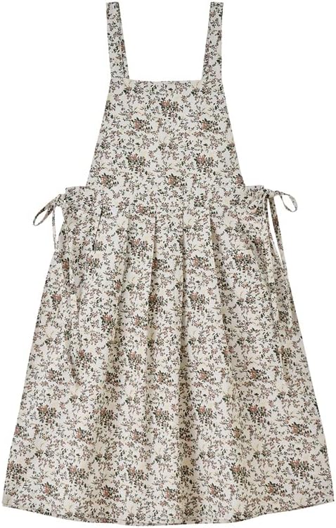 Pinafore Apron Dress，Japanese Cotton Linen Cross Back Apron for Women with Pockets，Pinafore Dress with Waist Ties (White flower)