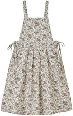 Pinafore Apron Dress，Japanese Cotton Linen Cross Back Apron for Women with Pockets，Pinafore Dress with Waist Ties (White flower)