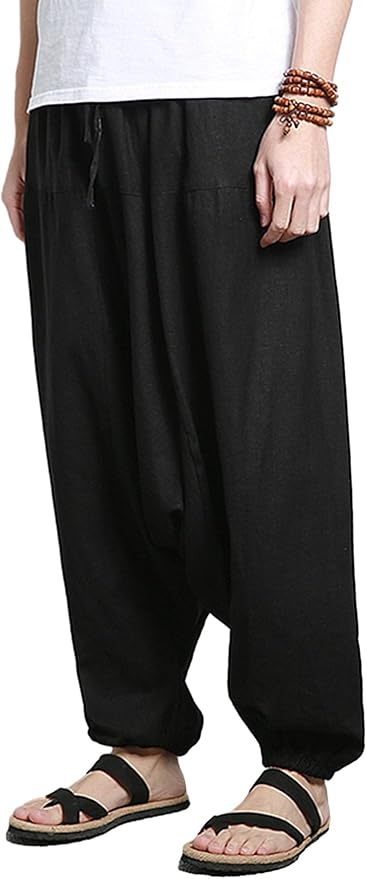 AITFINEISM Men's Drawstring Aladdin Hippie Harem Pants Loose Drop Crotch Trousers
