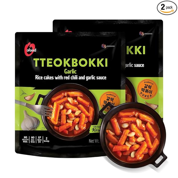 O’Food Tteokbokki Korean Rice Cakes – [Garlic | Pack of 2] – Gluten-Free (Except BBQ), Healthy/Savory/Bold/Fiery, 0 Cholesterol/ 0 Trans Fat/No MSG/No Corn Syrup, Spicy Street Snack, Ready in Minutes