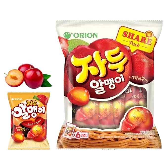Korean Fruit Jelly Candy – Assorted Chewy Gummy Snacks – 5 Fruity Flavors (Grape, Plum, Lychee, Kiwi, Mango) – Individually Wrapped – Perfect for Kids & Adults – 알맹이젤리 (Plum–1.26oz(36g) × 6pack)