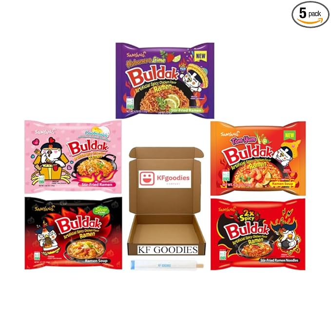Samyang Buldak Hot Spicy Chicken Ramen Noodle Korean Stir-Fried Ramen (5 Pack - 2X, Carbonara, Habanero Lime, Stew, Tom Yum)