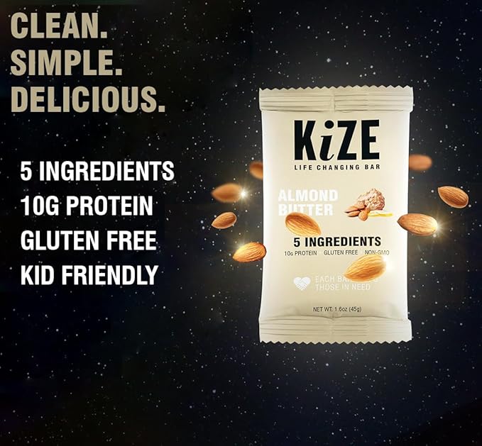 KiZE Energy Bars - Gluten Free, Dairy Free, Non-GMO, and High Protein Meal Replacement Energy Bars, Meal Bar, Clean and Simple Food Ingredients - Almond Butter, 10g High Protein Snacks, (20 Count)