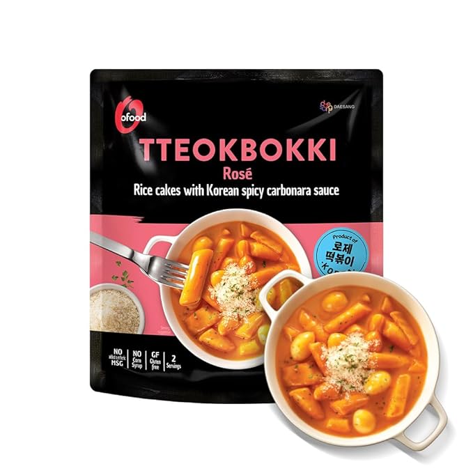 O’Food Tteokbokki Korean Rice Cakes – [Rose/ Spicy Carbonara | Pack of 1] – Gluten-Free (Except BBQ), Healthy/ Savory/ Bold/ Fiery, 0 Cholesterol/ 0 Trans Fat/ No MSG/ No Corn Syrup, Spicy Street Snack, Ready in Minutes