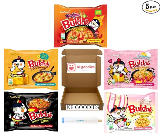 Samyang Buldak Hot Spicy Chicken Ramen Noodle Korean Stir-Fried Ramen (5 Pack, Carbonara, Cream Carbonara, Cheese, Original, Tom Yum)