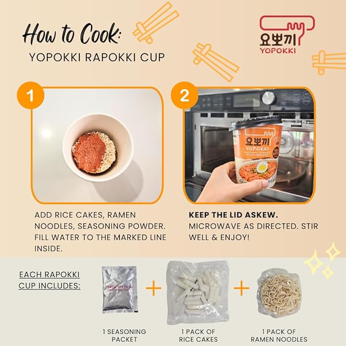 Yopokki Instant Rabokki Cup (Curry, 2 Cups) Korean Street food with Spicy curry taste sauce Ramen Noodle Topokki Rice Cake - Quick & Easy to Prepare
