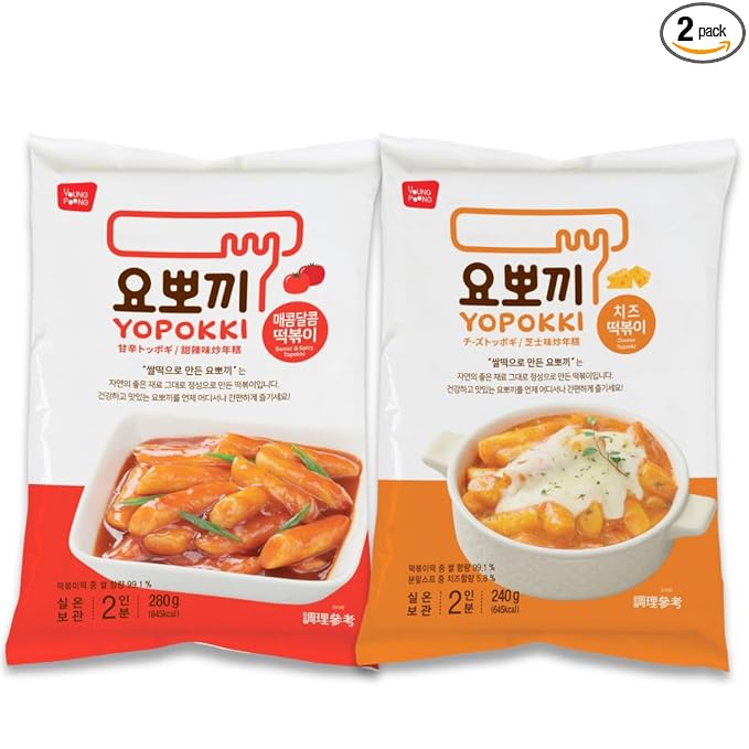 Yopokki Instant Tteokbokki Pack (Sweet & Mild Spicy and Cheese, 2 Packs) Korean Street food with sweet & moderately spicy and cheese sauce Topokki Rice Cake - Quick & Easy to Prepare
