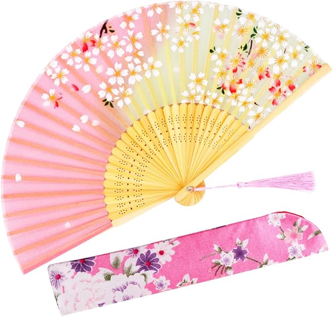 Amajiji 8.27"(21cm) Hand Held Bamboo Silk Folding Fan Hand Fan,Chinese/Japanese Charming Elegant Vintage Retro Style,Women Ladys Girls Best Gifts (Pink)