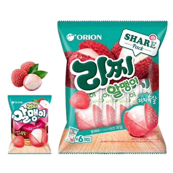 Korean Fruit Jelly Candy – Assorted Chewy Gummy Snacks – 5 Fruity Flavors (Grape, Plum, Lychee, Kiwi, Mango) – Individually Wrapped – Perfect for Kids & Adults – 알맹이젤리 (Lychee–1.26oz(36g) × 6pack)
