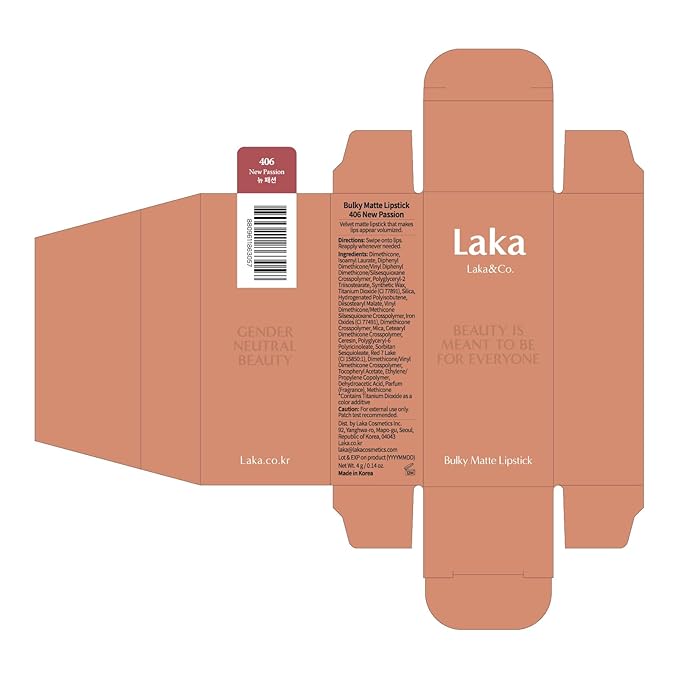 Laka Bulky Matte Lipstick 4g/0.14oz., Long Wear, Non-Drying Lip Stain Stick with High Pigmentation, Voluminous Lips, Vegan, K-Beauty (#406 New Passion)
