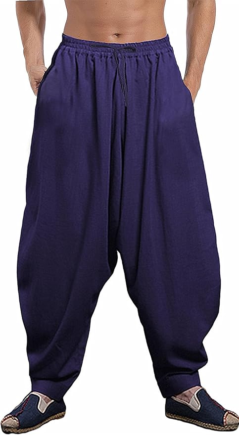 AITFINEISM Men's Drawstring Aladdin Hippie Harem Pants Loose Drop Crotch Trousers