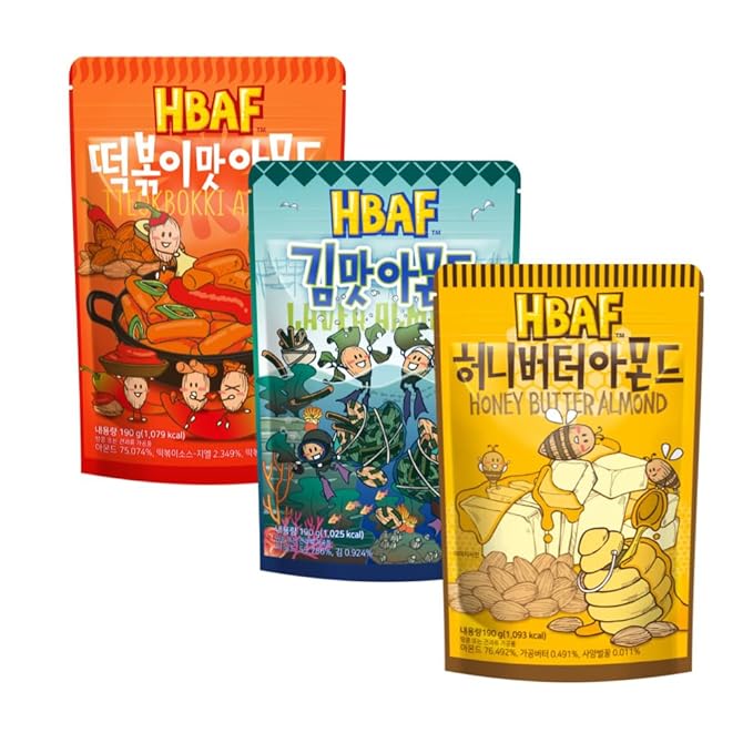 [Official Gilim HBAF Brand] Korean Seasoned Almonds 3 Flavor Pack Mix (Laver, 1 x 190g, Honey Butter, 1 x 190g, Tteokbokki, 1 x 190g)