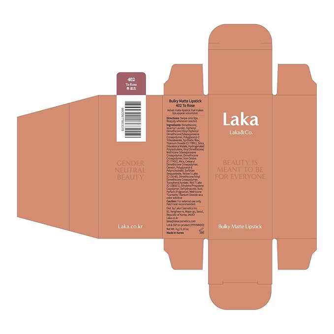 Laka Bulky Matte Lipstick 4g/0.14oz., Long Wear, Non-Drying Lip Stain Stick with High Pigmentation, Voluminous Lips, Vegan, K-Beauty (#402 To Rose)
