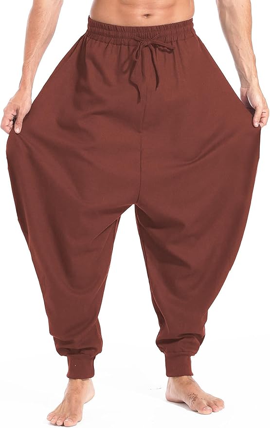 AITFINEISM Men's Drawstring Aladdin Hippie Harem Pants Loose Drop Crotch Trousers