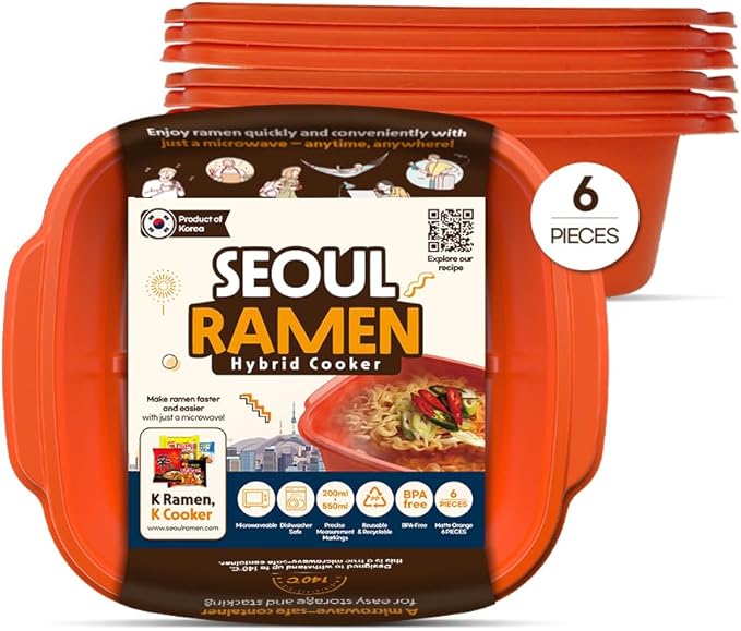 Seoul Ramen Hybrid Cooker | Microwave Ramen in 6 Minutes | Perfect for Korea Ramen, Small Kitchen, or Office | Dishwasher-Safe, Microwaveable, BPA-Free (6 Pack) (Orange)