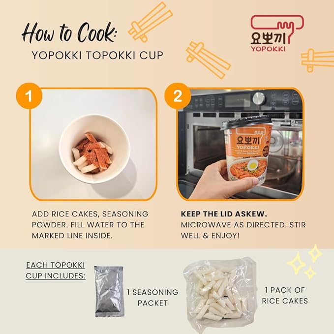Yopokki Instant Tteokbokki Assorted Cup (Spicy 2, Cheese 2, Onion 1, Jjajang 1, Set of 6) - Korean Street Food with Sweet and Moderately Spicy Sauce, Quick & Easy to Prepare