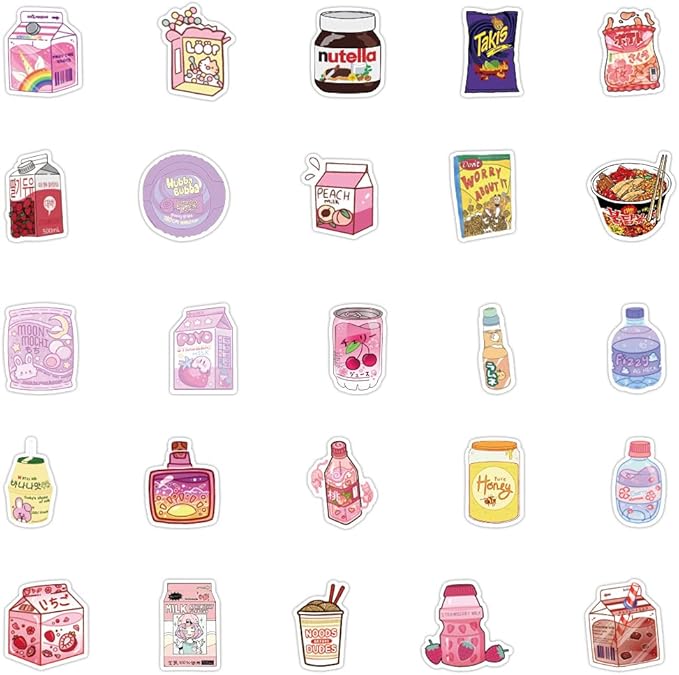 100pcs Cute Snack, Food, and Drink Stickers Set - Kawaii Small Stickers for Teens, Boys, Girls, and Adults