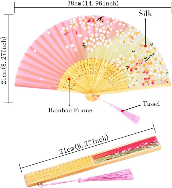 Amajiji 8.27"(21cm) Hand Held Bamboo Silk Folding Fan Hand Fan,Chinese/Japanese Charming Elegant Vintage Retro Style,Women Ladys Girls Best Gifts (Pink)