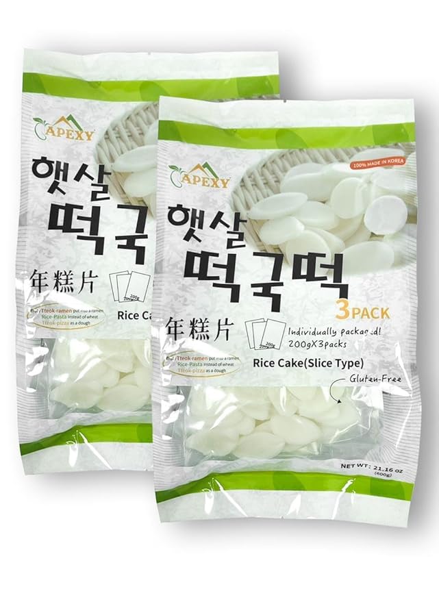 Apexy Korean Rice Cake Tteokbokkik Rice Cake, Chewy Tteok, Authentic Korean Street Food Snack, Perfect with Cheese and Ramen Noodles, No MSG, No Corn Syrup, Vegan and Gluten Free, Non-GMO 21.16 oz Sliced Type (Pack of 2)