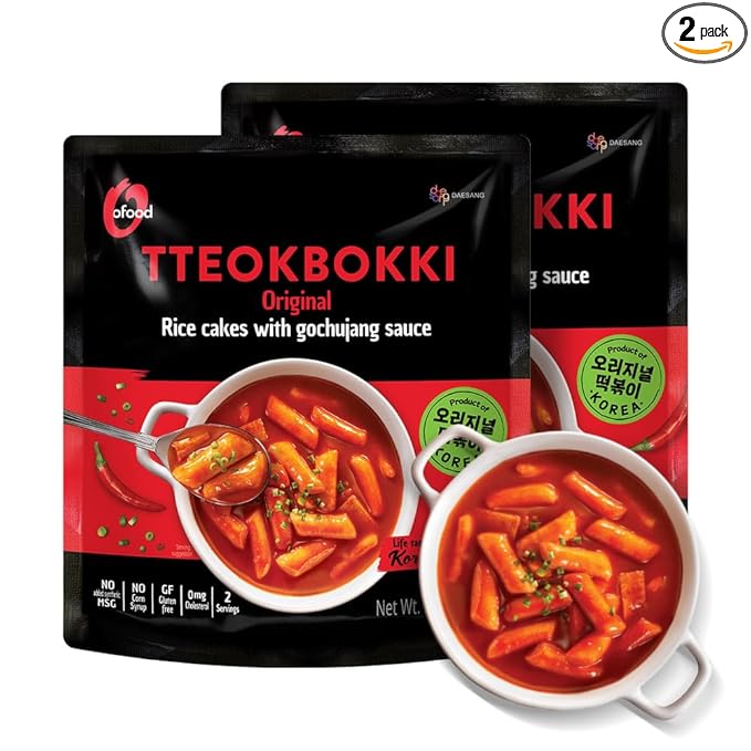 O’Food Tteokbokki Korean Rice Cakes – [Original Gochujang | Pack of 2] – Gluten-Free (Except BBQ), Healthy/ Savory/ Bold/ Fiery, 0 Cholesterol/ 0 Trans Fat/ No MSG/ No Corn Syrup, Spicy Street Snack, Ready in Minutes