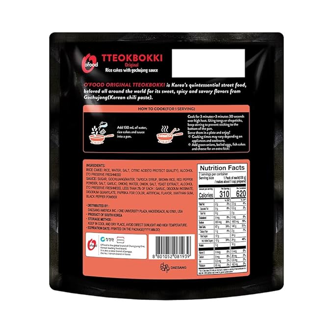 O’Food Tteokbokki Korean Rice Cakes – [Original Gochujang | Pack of 1] – Gluten-Free (Except BBQ), Healthy/ Savory/ Bold/ Fiery, 0 Cholesterol/ 0 Trans Fat/ No MSG/ No Corn Syrup, Spicy Street Snack, Ready in Minutes