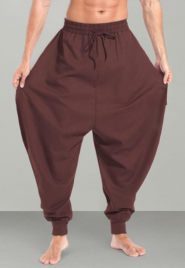 AITFINEISM Men's Drawstring Aladdin Hippie Harem Pants Loose Drop Crotch Trousers
