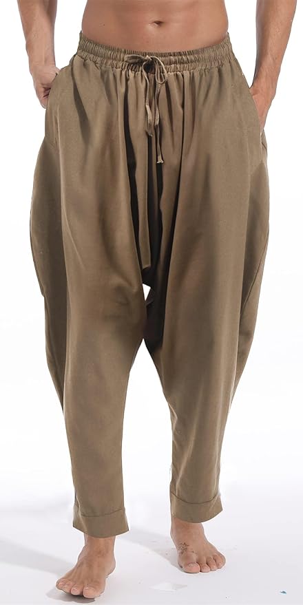 AITFINEISM Men's Drawstring Aladdin Hippie Harem Pants Loose Drop Crotch Trousers