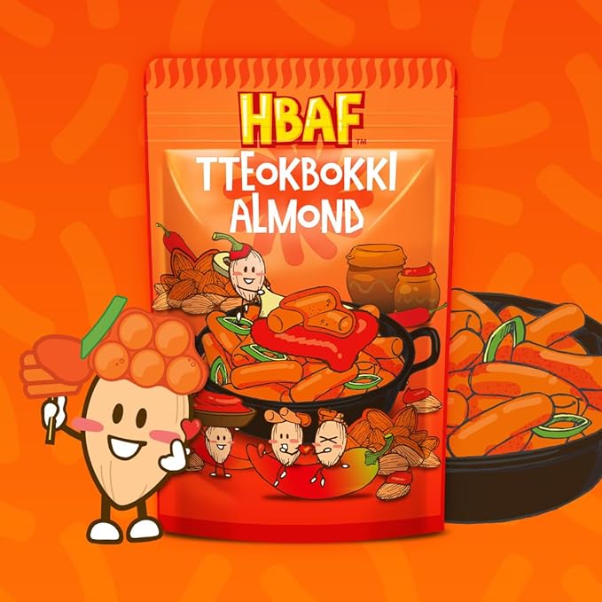 [Official Gilim HBAF] Korean Seasoned Spicy Tteokbokki Almonds Nut Snack, Korean Rice Cake Chili Sauce | School, Work, Travel Snack | Pre-workout Snack | Asian Snacks (Toppoki, 1 x 120 gram pack)