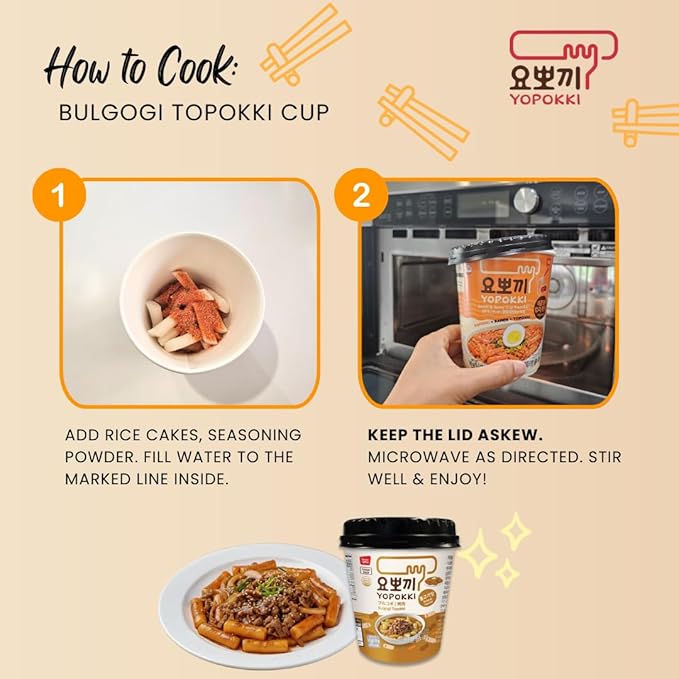Yopokki Instant Tteokbokki Cup (Bulgogi, Cup of 2) Korean Street food with Bulgogi flavored sauce Topokki Rice Cake - Quick & Easy to Prepare