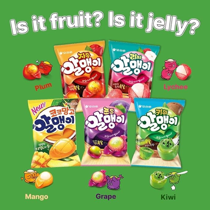 Korean Fruit Jelly Candy – Assorted Chewy Gummy Snacks – 5 Fruity Flavors (Grape, Plum, Lychee, Kiwi, Mango) – Individually Wrapped – Perfect for Kids & Adults – 알맹이젤리 (Kiwi–2.86oz(81g) × 4pack)
