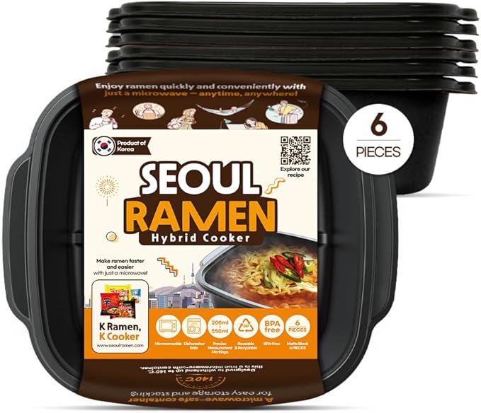 Seoul Ramen Hybrid Cooker | Microwave Ramen in 6 Minutes | Perfect for Korea Ramen, Small Kitchen, or Office | Dishwasher-Safe, Microwaveable, BPA-Free (6 Pack) (Black)