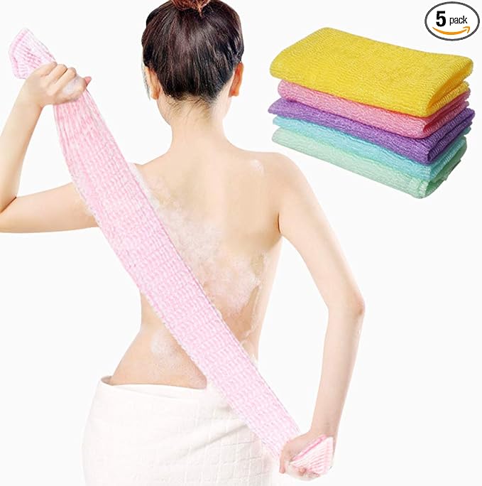 5 Pcs Exfoliating Washcloth Towel, Japanese Exfoliating Cloth for Shower, Body Back Scrubber Bath Towel, Korean Net Sponge Nylon Bath Cloths Skin Loofah Wash Scrub Towels for Women (5 Colors)
