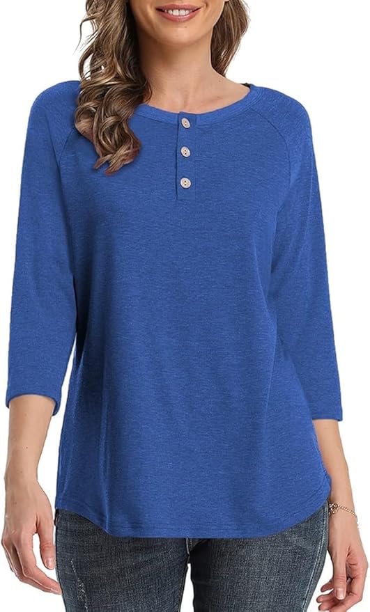 3/4 Sleeve Shirts for Women Crewneck Button Down Tunic Tops Raglan T Shirt