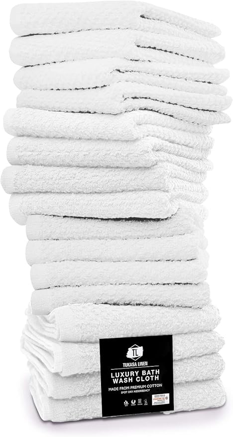 16 Pack Cotton Washcloths for Body and Face, 12x12 Inches, Pack of 16, Multipurpose and Lightweight Wash Clothes for Face. Highly Absorbent - Travel and Bath Towel (White)