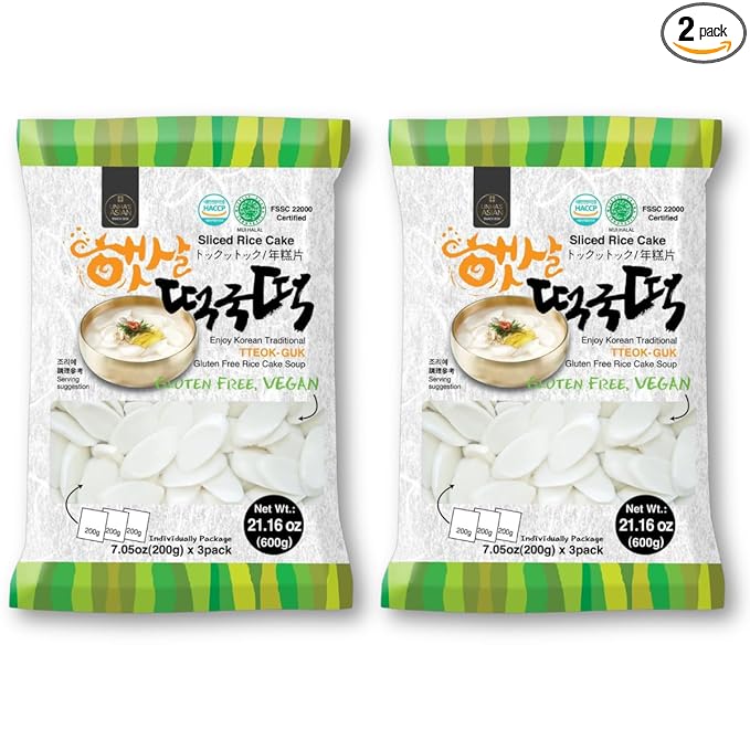 Unha's Asian Snack Box Sliced Korean Rice Cakes Tteokbokki, Chewy Tteok for Rice Cake Soup, Vegan, Gluten Free, Non-GMO – 21.16 oz (3 x 7.05 oz) 2 Pack