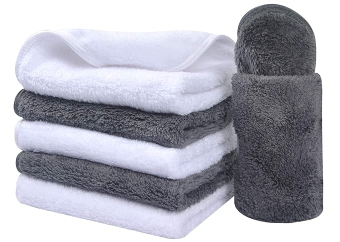 SINLAND Microfiber Face Cloths Reusable Makeup Remover Washcloths Super Soft and Absorbent Fingertip Face Towels for Sensitive Skin Women 12 x 12 Inch 6 Pack White and Grey