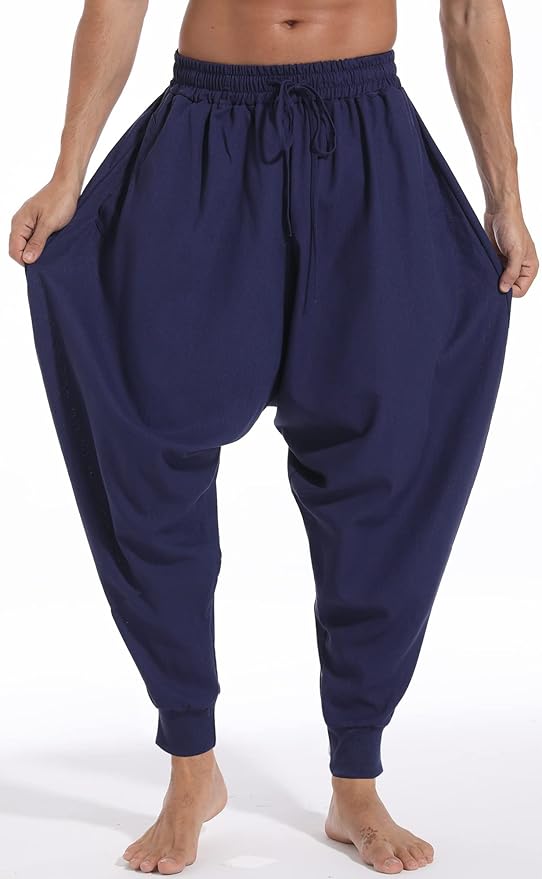 AITFINEISM Men's Drawstring Aladdin Hippie Harem Pants Loose Drop Crotch Trousers