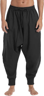 AITFINEISM Men's Drawstring Aladdin Hippie Harem Pants Loose Drop Crotch Trousers