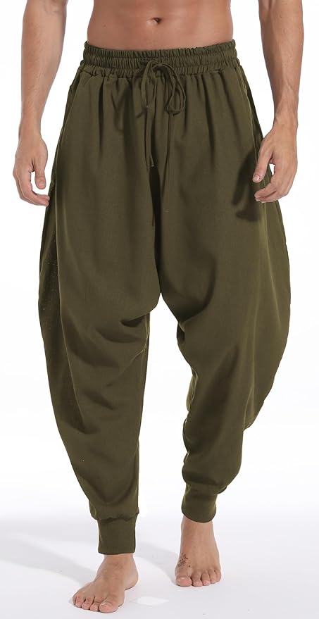 AITFINEISM Men's Drawstring Aladdin Hippie Harem Pants Loose Drop Crotch Trousers