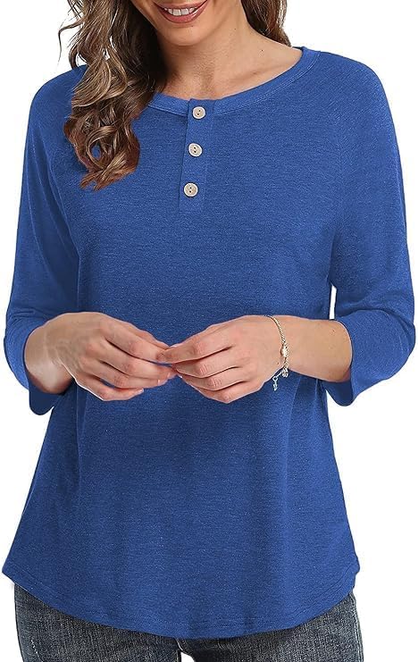 3/4 Sleeve Shirts for Women Crewneck Button Down Tunic Tops Raglan T Shirt