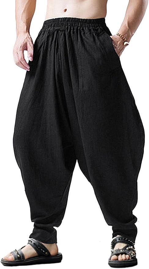 AITFINEISM Men's Drawstring Aladdin Hippie Harem Pants Loose Drop Crotch Trousers