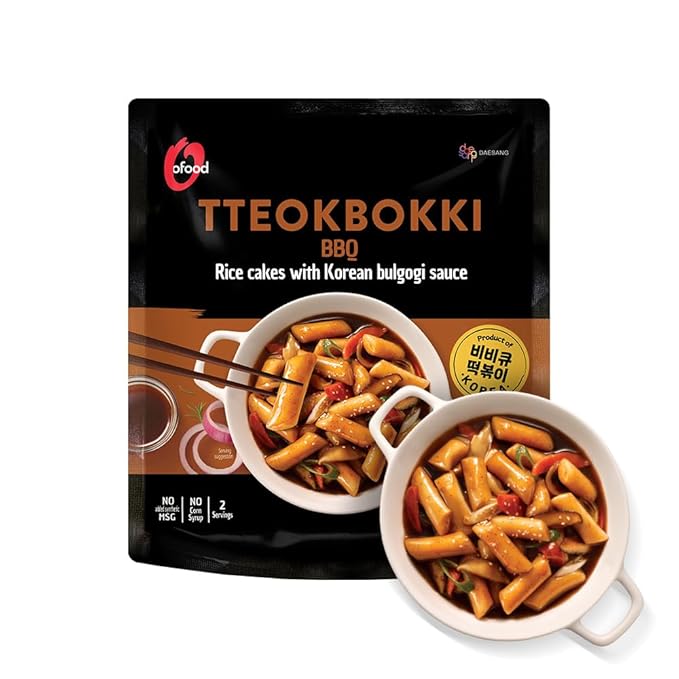 O’Food Tteokbokki Korean Rice Cakes – [BBQ | Pack of 1] – Healthy/Savory/Bold/Fiery, 0 Cholesterol/ 0 Trans Fat/No MSG/No Corn Syrup, Spicy Street Snack, Ready in Minutes