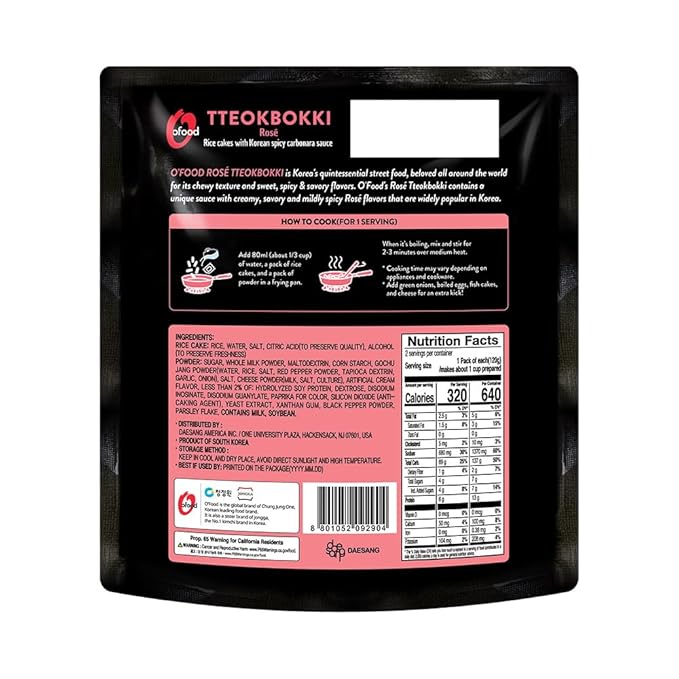 O’Food Tteokbokki Korean Rice Cakes – [Rose/ Spicy Carbonara | Pack of 1] – Gluten-Free (Except BBQ), Healthy/ Savory/ Bold/ Fiery, 0 Cholesterol/ 0 Trans Fat/ No MSG/ No Corn Syrup, Spicy Street Snack, Ready in Minutes