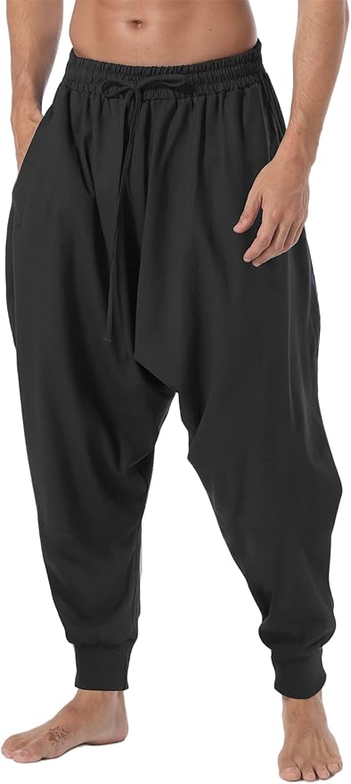 AITFINEISM Men's Drawstring Aladdin Hippie Harem Pants Loose Drop Crotch Trousers