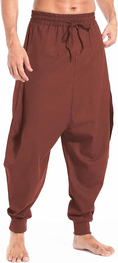 AITFINEISM Men's Drawstring Aladdin Hippie Harem Pants Loose Drop Crotch Trousers