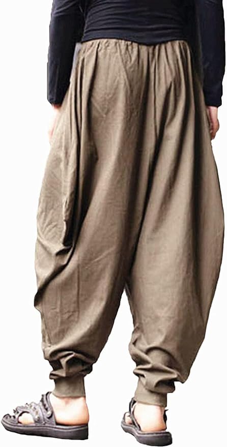 AITFINEISM Men's Drawstring Aladdin Hippie Harem Pants Loose Drop Crotch Trousers