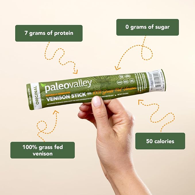Paleovalley 100% Grass Fed Venison Sticks – 10 Pack – Keto-Friendly, High Protein, Low-Calorie Snack – Omega-3 Rich, Gluten-Free, Nitrate-Free, Naturally Flavored – Healthy On-the-Go Meat Snack
